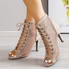 Damen Mode Sandalen 2025 Netz Kreuz Schnürung Offene Zehenspitze Feiner Absatz Sexy Hohe Absätze Netz Persönlichkeit Sommer Neue Damen Sandalen