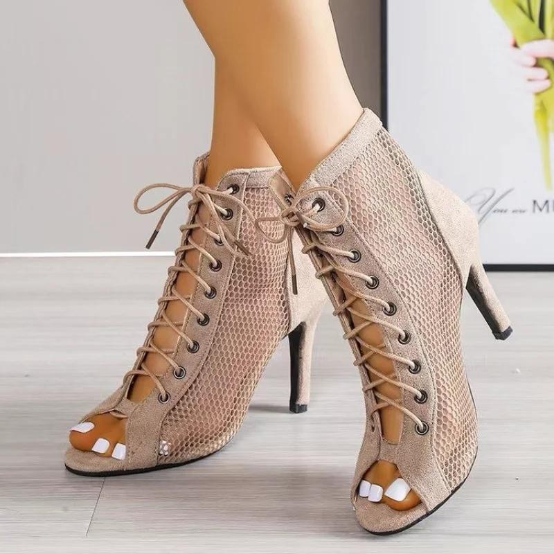 Damen Mode Sandalen 2025 Netz Kreuz Schnürung Offene Zehenspitze Feiner Absatz Sexy Hohe Absätze Netz Persönlichkeit Sommer Neue Damen Sandalen