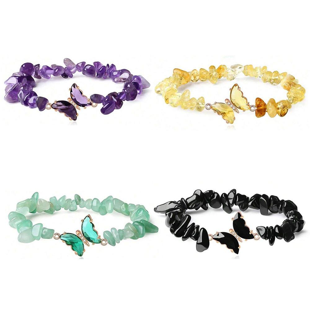 Festive Gifts Natural Chip Stone Beaded Bracelet Set With Butterfly Charms Delicate Fashion Jewelry For Women Daily Wear Simple Versatile Accessory