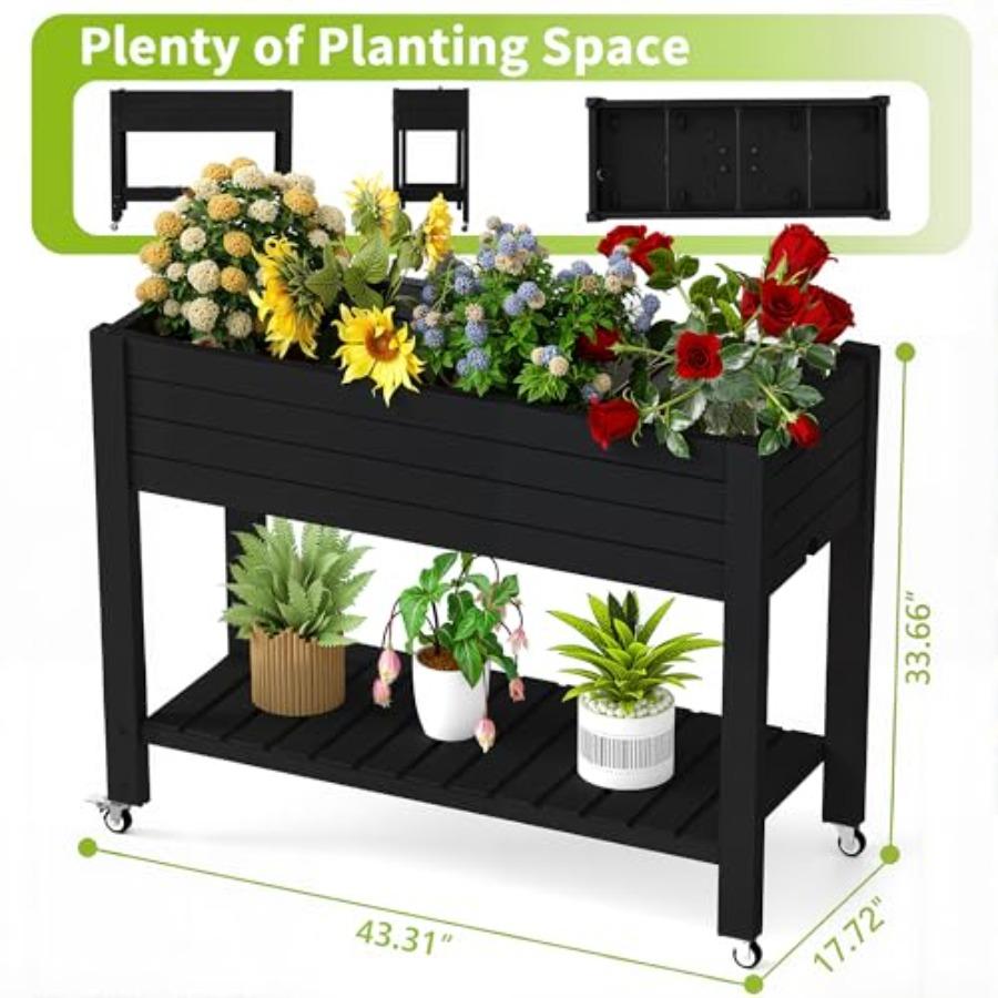 Raised Garden Bed with Legs 33.66 Tall Self-Watering Resin Planter Box with Lockable Wheels Drainage Plug and Gauge for Vegetab