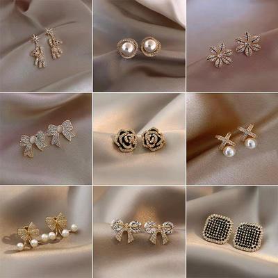 S925 Zilver Diamant Geometrisch Koreaanse Bloem Parel Oorbellen