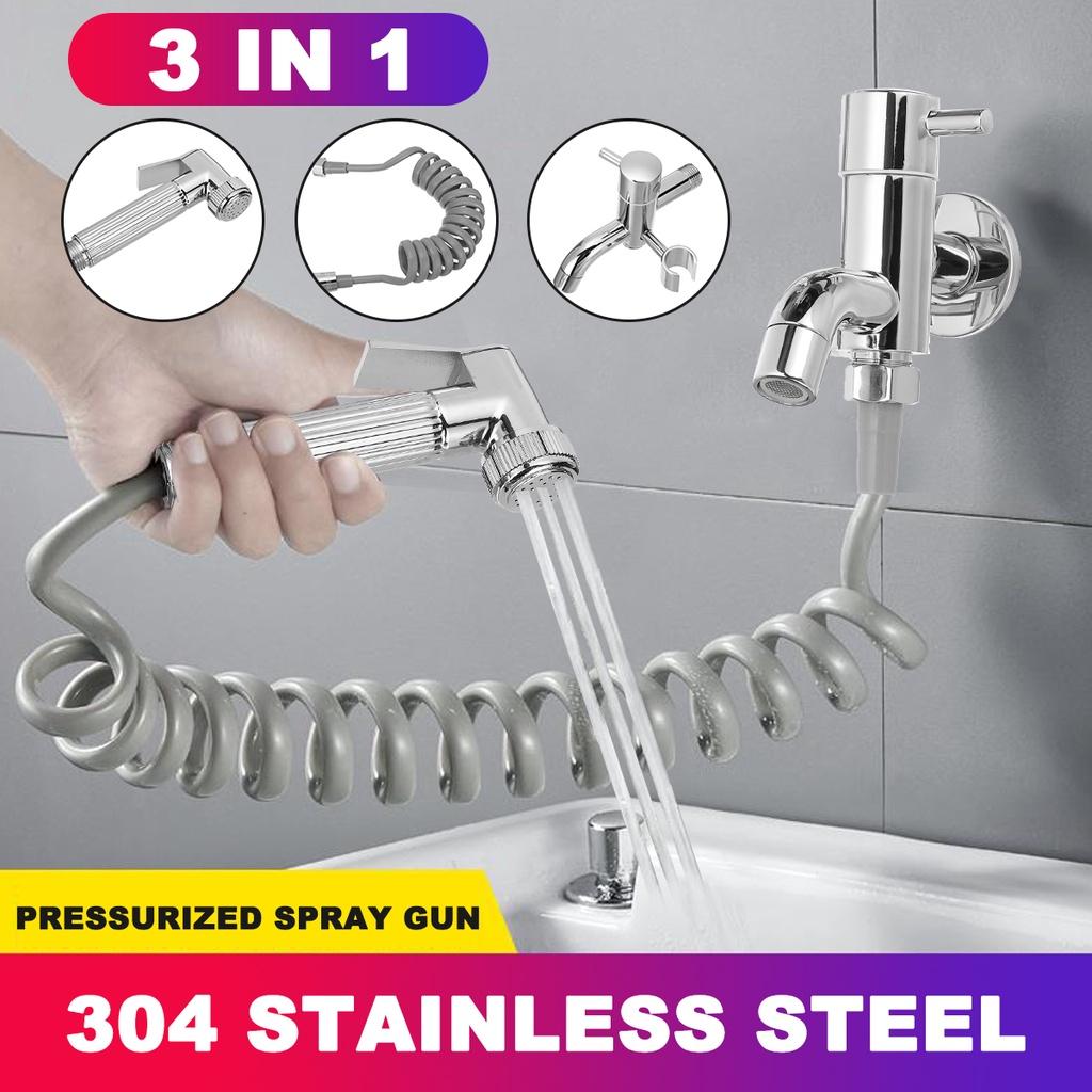 3-in-1 Bathroom Stainless Steel Bidet Spray Brass Tap 2 Functions Toilet Bidet Rinse Set and 2m PVC Hose