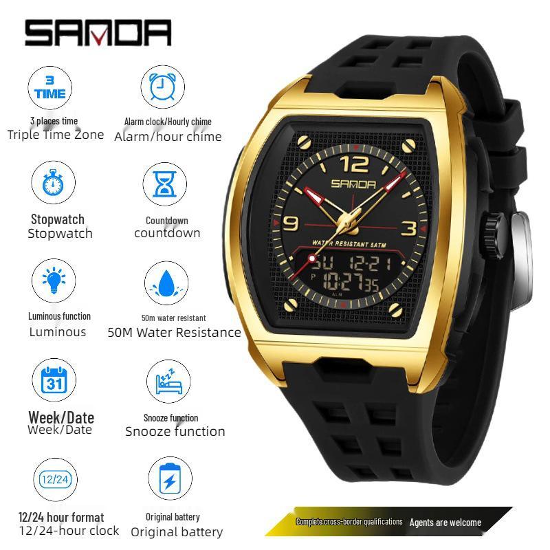 Sanda Men's Sports Barrel-Shaped Luminous Countdown Watch with Triple Time Zone and Dual Display, Waterproof Design.