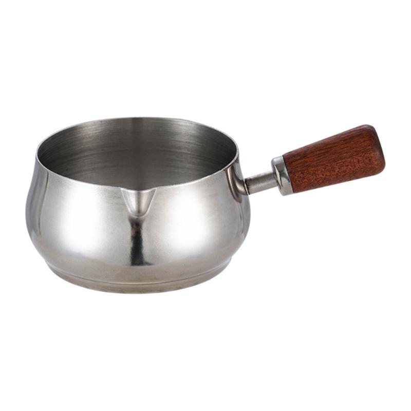Stainless Steel Pouring Cups With Wooden Handle Stackable Dip Saucers For Heating Butter And Preparing Coffee
