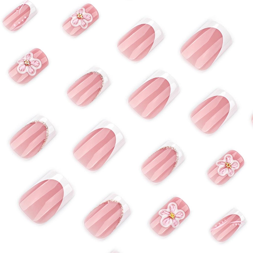 24 Pieces Hot-selling Summer 3D White Flower Wearing Nail French White Medium and Short Square Nail Nail Piece