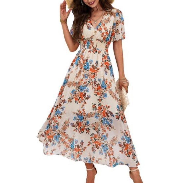 Boho Floralprint Maxikleid für Damen Sommer Strandsonnenkleid mit tiefem V-Ausschnitt Rüschenkurzarm Chiffon Langes Freizeitkleid