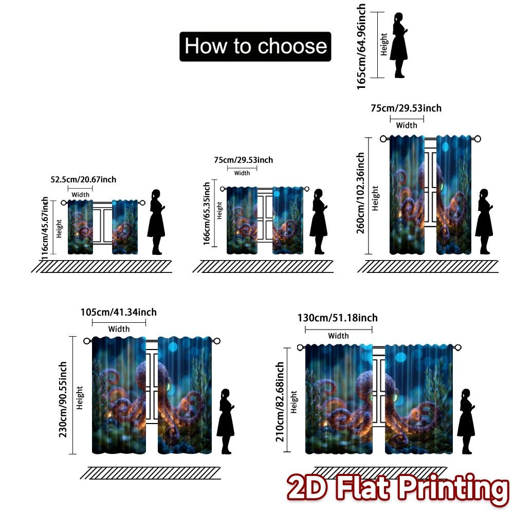 2pcs   2D FLAT PRINTING Curtains (Without Rod) Glowing Octopus Popular Pattern Curtains Yarn Curtains Thermal Insulation   and