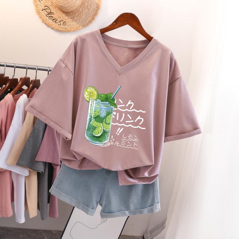 Kurzärmeliges T-Shirt für Damen Große Größe Lockeres und Schlankmachendes Design Nische Reine Baumwolle V-Ausschnitt Oberteil, das den Bauch bedeckt