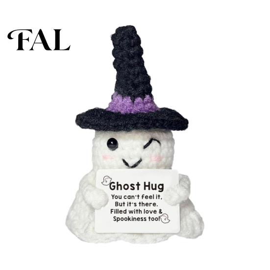 Mini Strikket Spøgelsesdukke Hånd Halloween Pynt, Hæklet Plys med Taktil Komfort Sanselegetøj Opfordringskort, Sød Skrivebordsdekoration