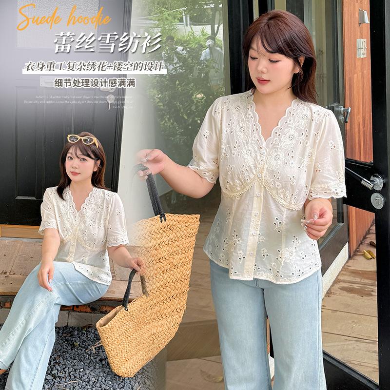 Korean Lace Embroidered Short-sleeved Shirt Women's Summer New Fat Mm French Waist Top 222447