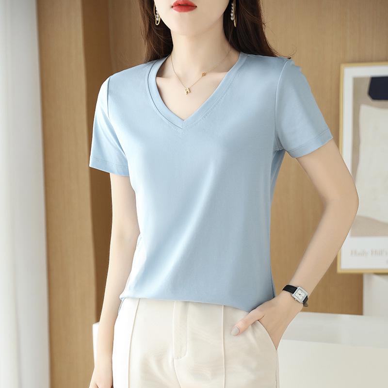 Women's V-Neck Mercerized Cotton Short-Sleeve T-Shirt - 2025 Summer Collection, Sweetheart Neckline
