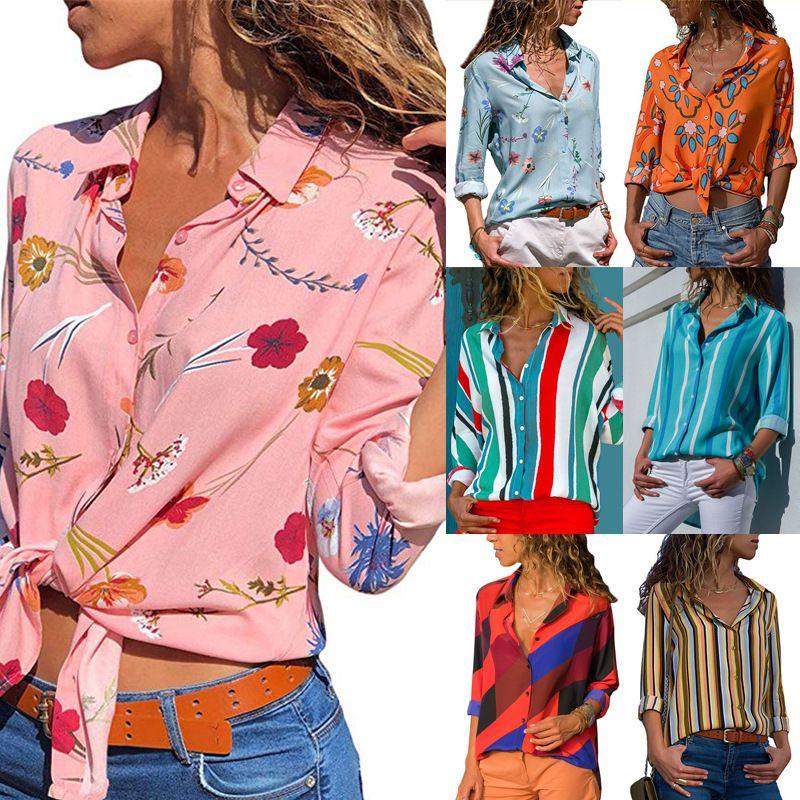 Women Autumn Striped Floral Long Sleeve Button V Neck T Shirt Casual Blouse Tops For Effortless Style And Comfort