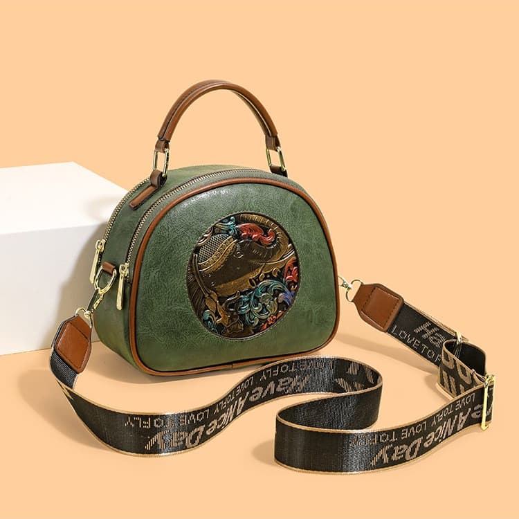 Vintage embossed soft leather small round bag women's shoulder bag