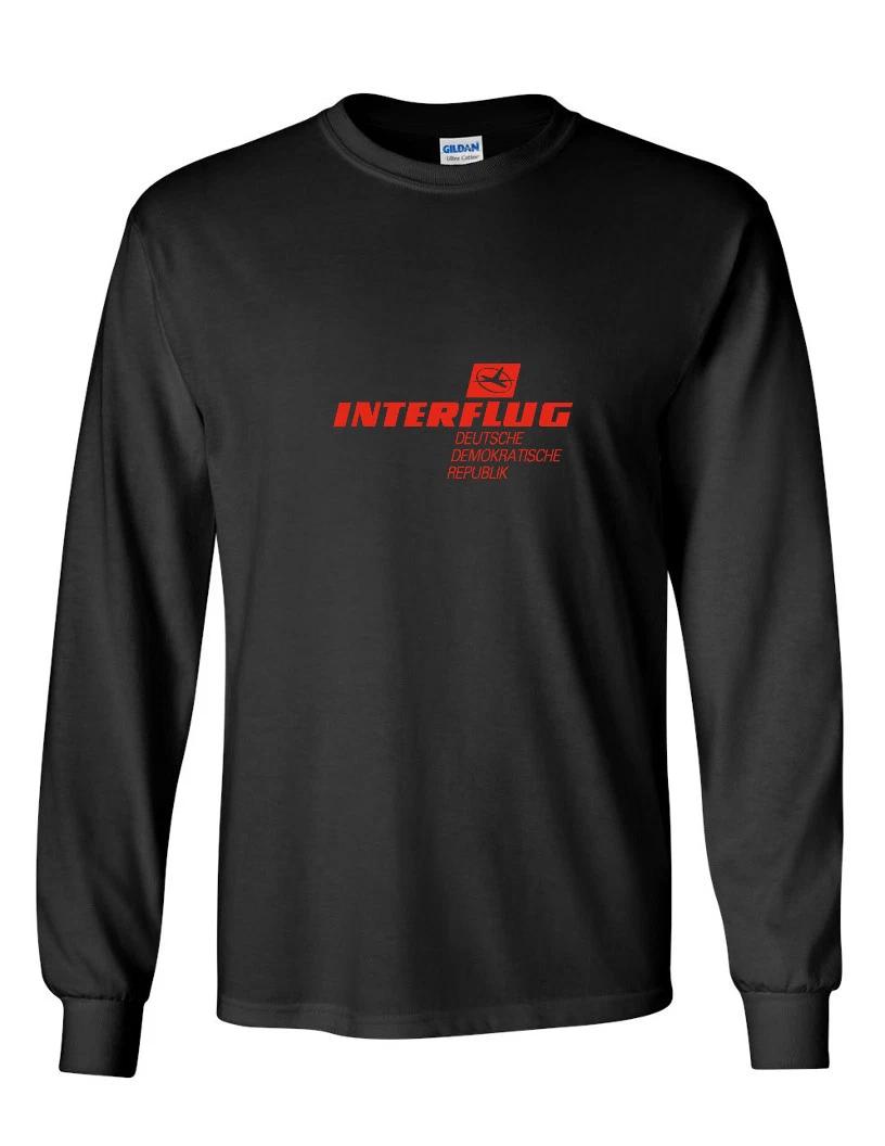 Interflug Red Vintage Logo German Airline Black Long Sleeve Cotton T-Shirt M