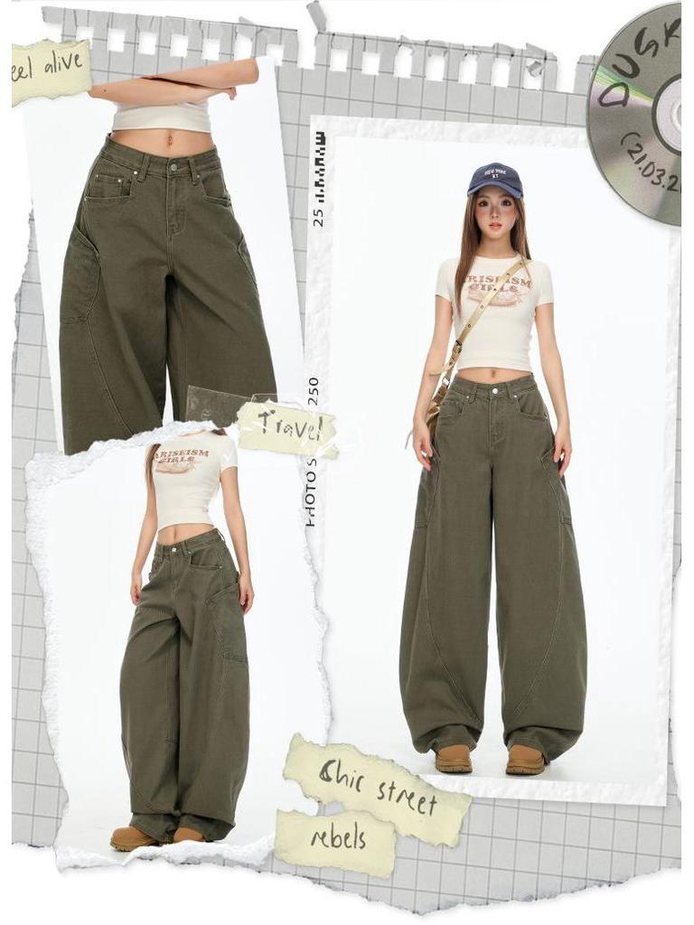 Army Green Retro Wide-Leg Scimitar Jeans with Large Pockets for Women - Summer/Autumn 2025 Collection