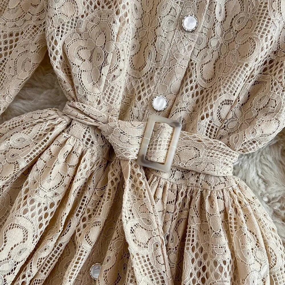 Rochie de cămașă din dantelă, ocazională, de modă, pentru femei, cu mânecă lanternă, curea cu flori cu un singur piept, rochii de petrecere croșetate cu scobire