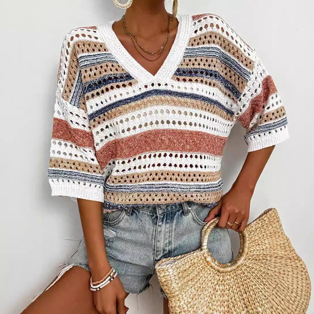 

Shiying Autumn Retro Colorblock V-neck Knitted Sweater Large
