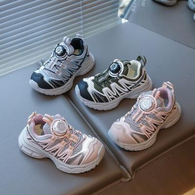 Children's Breathable Sports Shoes Girls Lightweight Dad Shoes Little Girl Fashion Rotating Buckle Running Shoes Non-slip Casual Shoes