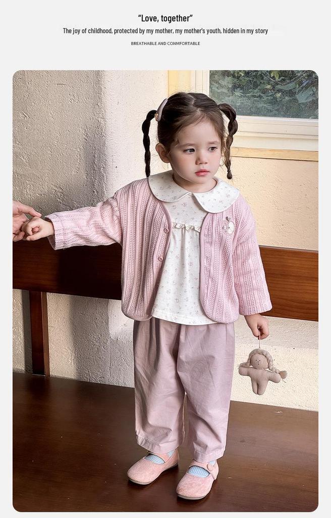 Spring 2026 Girls' Pink Princess Cardigan Set: Sweet Long-Sleeved Jacket & Top