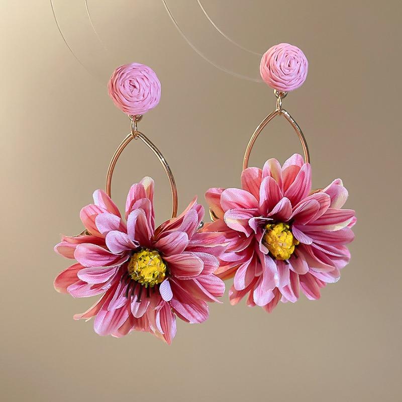 Silver Needle Pink Chiffon Flower Fringed Stud Earrings Small Fresh and Sweet Vacation Style Earrings Light Luxury High-end Earrings Women