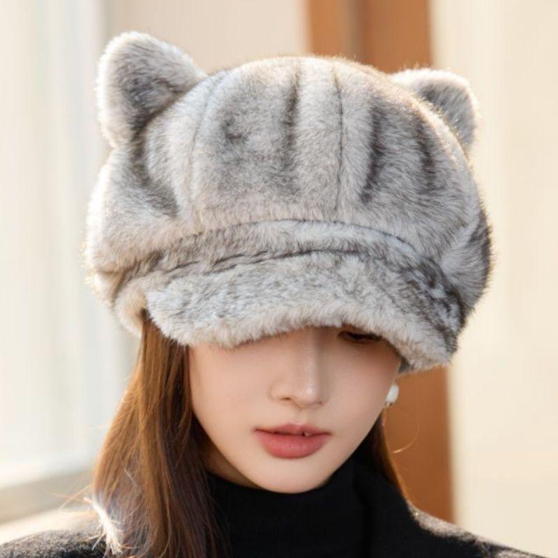 New Style Rabbit Fur Octagonal Hat Women's Fashionable Plush Hat Cat Ear Thermal Cap Wide-Circumference Head Wrap