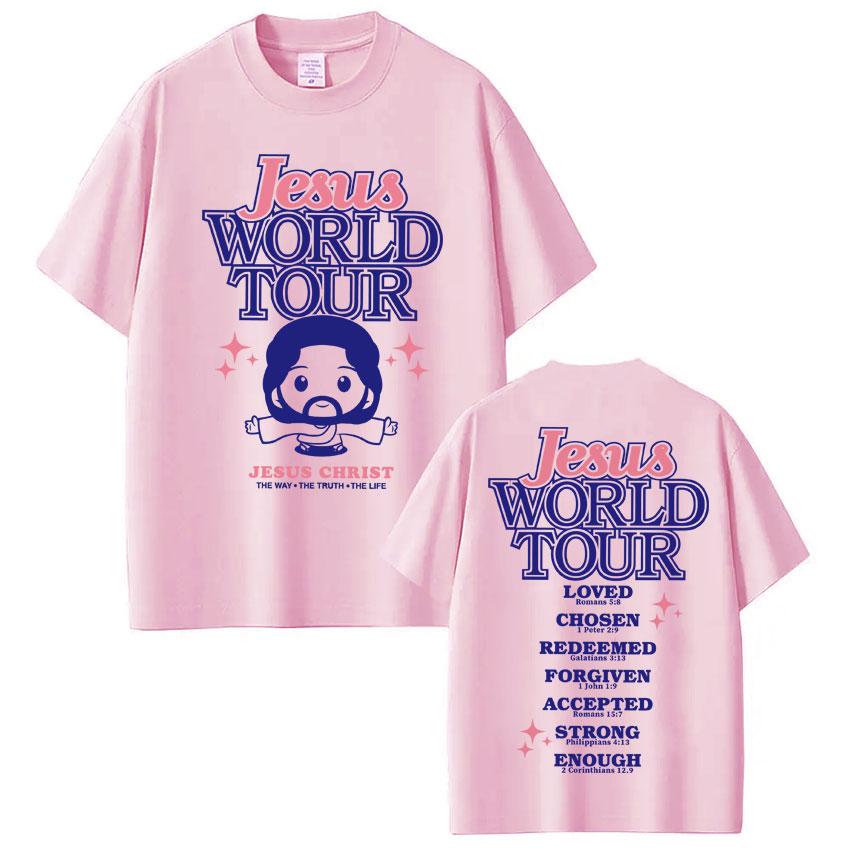 Funny Jesus World Tour Print T Shirt Men Women Fashion Christian Bible Verse Tshirts Oversized 100 Cotton Casual Short Sleeve