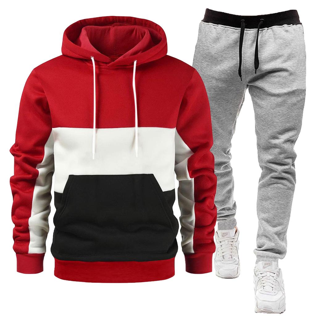 Men's Casual Hoodie Fashionable Patchwork Sports Sweatpants Set