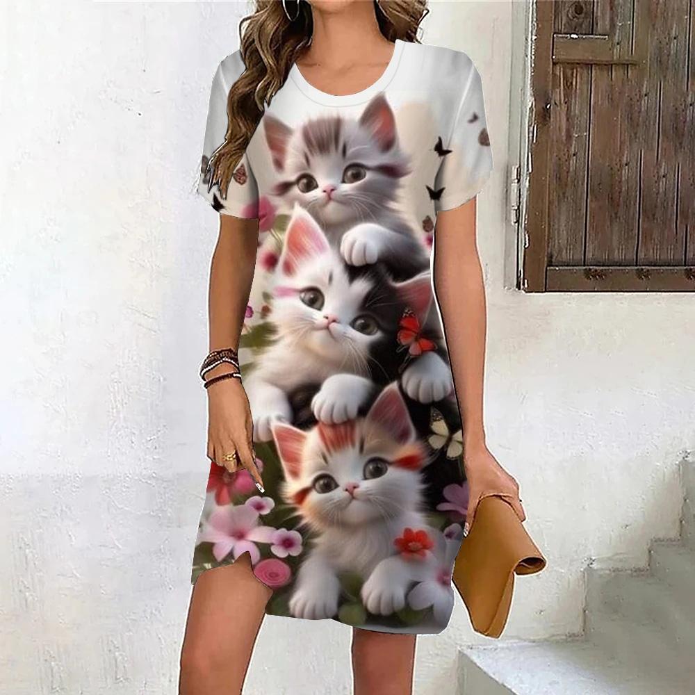 Fashion 3D Print Summer Dress Loose Casual Short Sleeve O-Neck Mini Dress