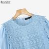 ZANZEA Women Casual Round Neck Short Sleeve Loose Crochet Patchwork Blouse