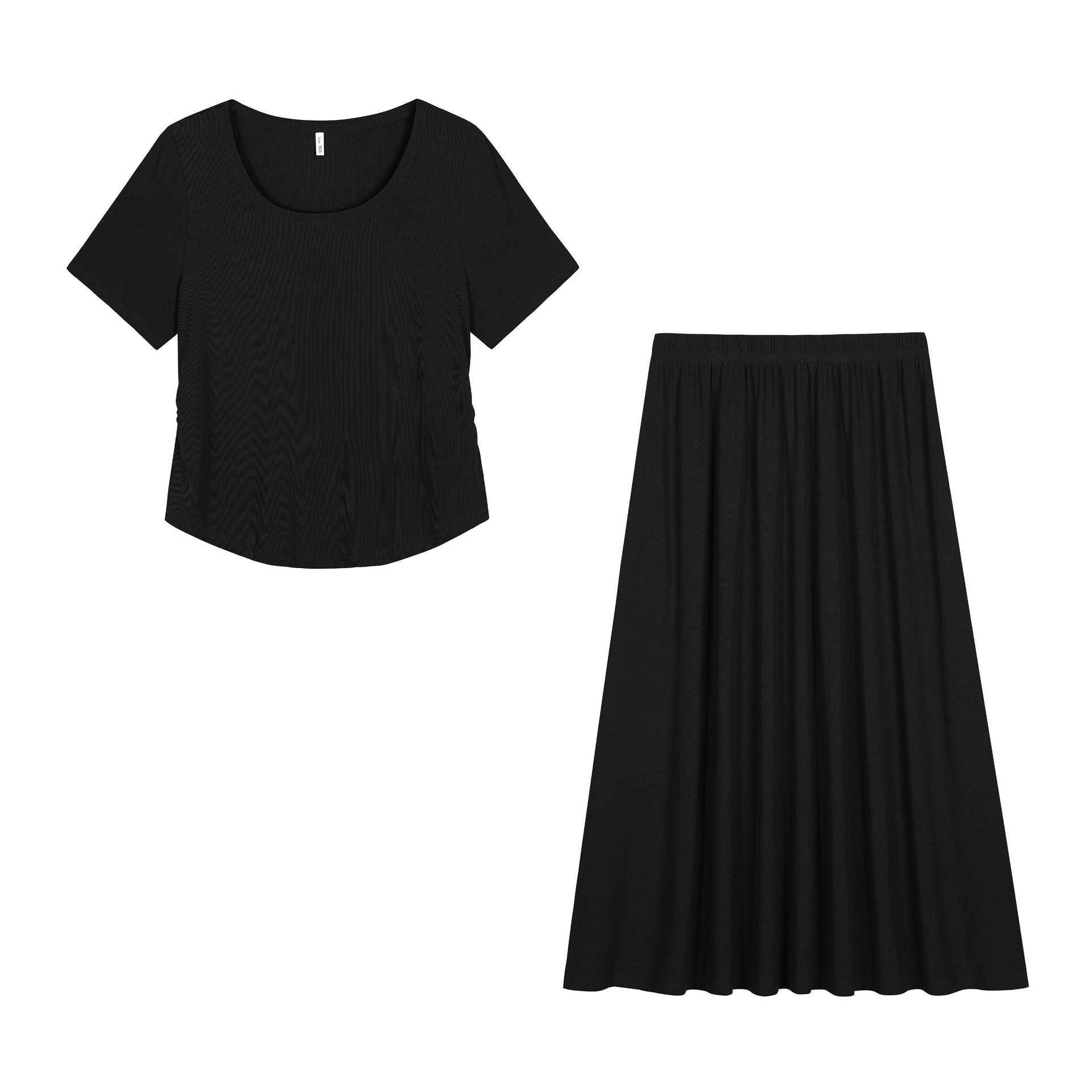 

Korean Style Women s Plus Size Short Sleeve T-Shirt & Skirt Set - Slimming Two-Piece Outfit 1XL (Recommended 120-140 jin) чёрный