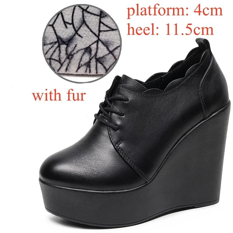 Small Size 33-43 Deep Mouth Genuine Leather Shoes Thick Bottom Platform Pumps 2025 Winter High Heels Wedges Shoes Office Model