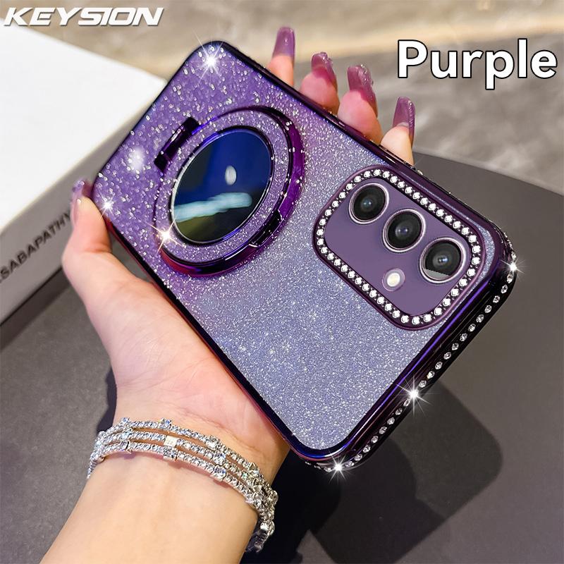 KEYSION Glitter Jewelled Magnetic Phone Case for Samsung Galaxy S25 Ultra 5G S24+ Plus S23 FE Makeup Mirror Stand Shockproof Cover