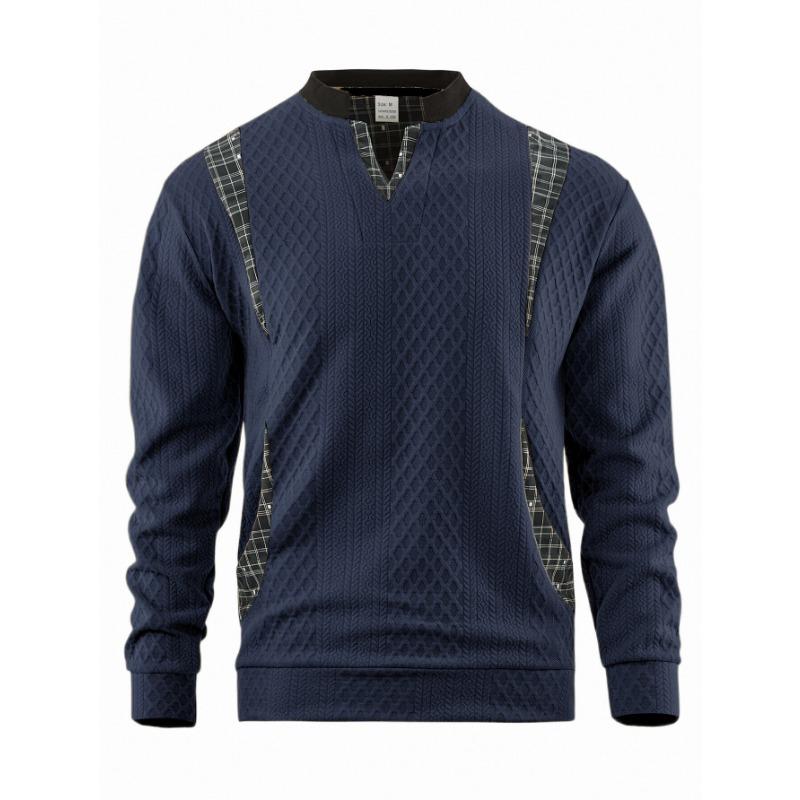 Men S V Neck Pullover Sweatshirt Long Sleeve Loose Fit Plaid Casual Top