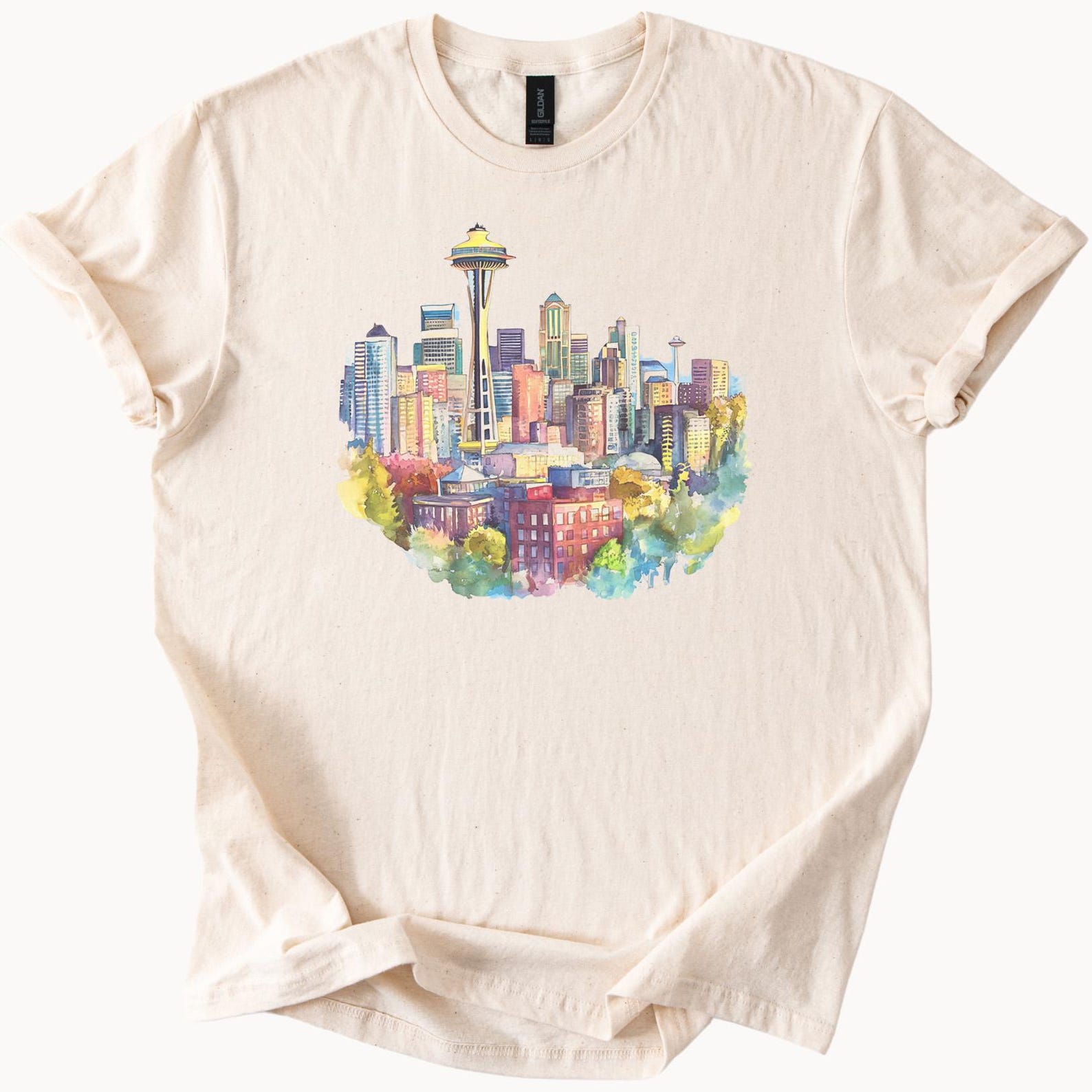 Seattle Skyline T Shirt Watercolor Cityscape Graphic Space Needle Urban Art Shirt Pacific Northwest Gift City Lover Shirt Soft Tee 100