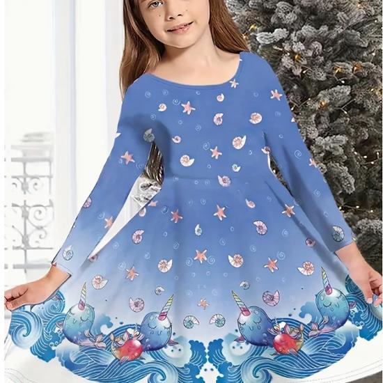 

Повседневное платье для девочки с принтом 3D бабочки и лошади, круглым вырезом и длинными рукавами, детское платье принцессы 100 синий