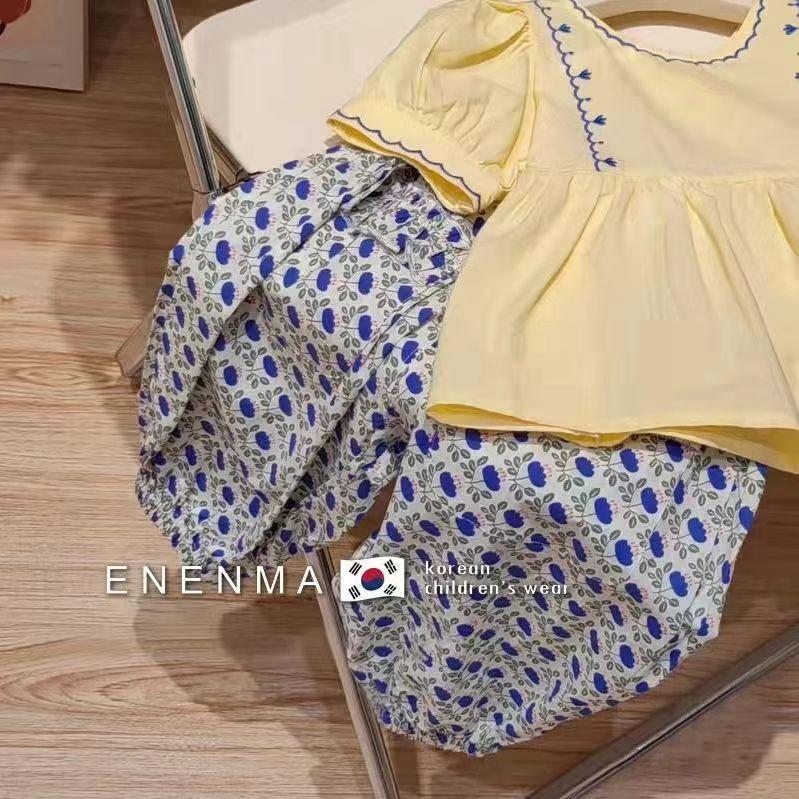 Summer Baby Girl Yellow Embroidered Ruffle Top And Floral Pants Set Cute Fresh Two Piece Outfit 80