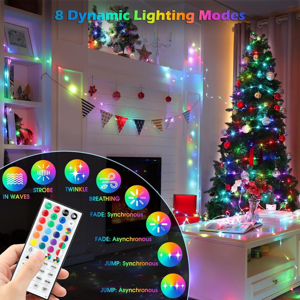 Mlambert 99Ft 300 LED Christmas String Lights Outdoor Indoor, 17 Solid Colors 8 Multicolors 8 Lighting Modes RGB Twinkle Fairy Rope Lights with