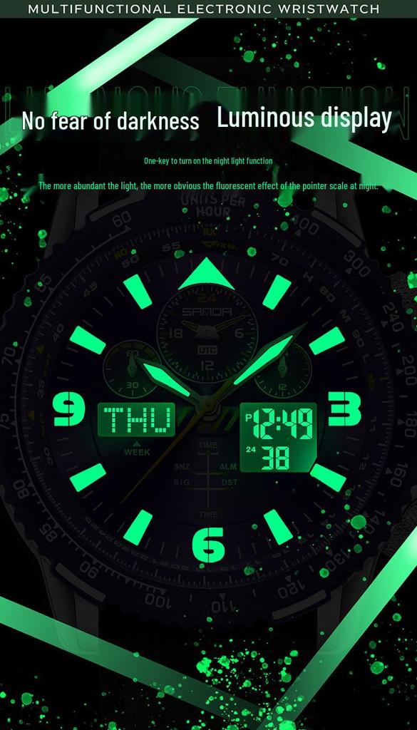 Orologio da polso da uomo Sanda a doppio movimento con display a tre finestre, multifunzioni, cinturino in pelle e acciaio e funzione impermeabile.