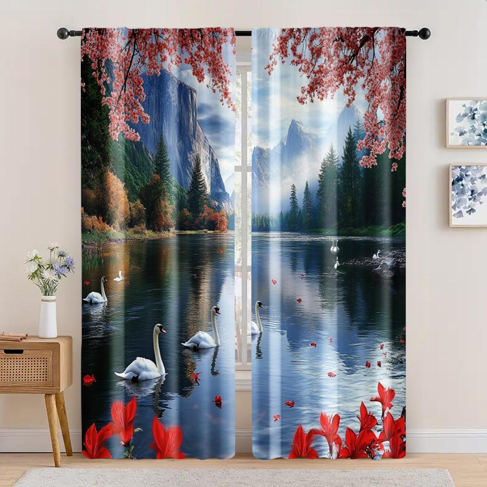 2pc,  Window Treatment Curtains The Picturesque Forest_ Swan Lake_ Seagulls_ Fish_ and Red Blooming Flower Party Blackout