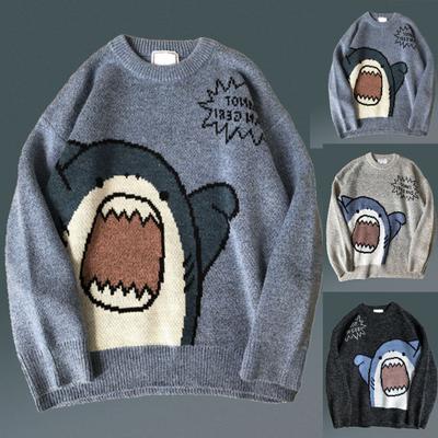 Men Sweater Cartoon Shark Print Round Neck All Match Student Sweater for Daily Wear