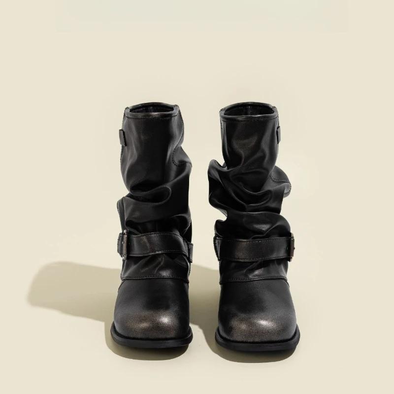 Fashion Round Toe Belt Buckle Mid Calf Shoes Woman New in Waterproof Footwear on Promotion Hot Y2k Rock Offer Half High Boots for Women