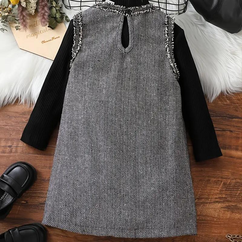 Conjunto de vestido sin mangas y top de manga larga con cuello con volantes para niñas para otoño invierno Nuevo