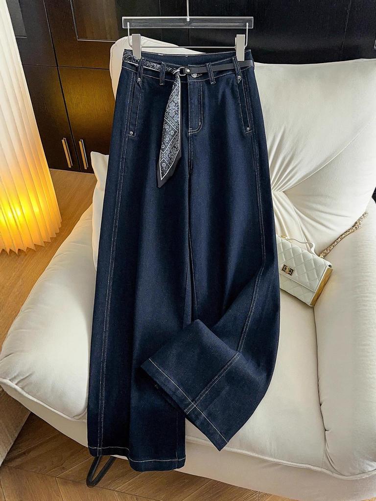 Damskie jeansy z wysokim stanem, dżinsowe, niebieskie, z szerokimi nogawkami - Moda Wiosna/Jesień 2025, Wyszczuplające spodnie codzienne z prostymi nogawkami.