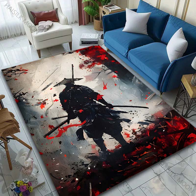 1PC Samurai with Swords Red Leaves Print Carpet Rug for Living Room Bedroom Sofa Doormat Home Decor Non-slip Floor Mat
