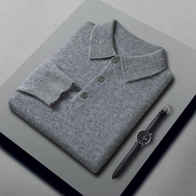 Suéter Masculino de Lã Caxemira - Pulôver de Manga Comprida com Gola Polo Dobrável para Outono/Inverno