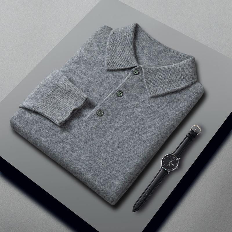 Men's Wool Cashmere Sweater - Long Sleeve Turn-Down Polo Collar Pullover for Autumn/Winter