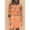 Summer Women's Clothing Patchwork Lining Bowknot Decoration Print Silk Net V-neck Strap Short Dress 5039132