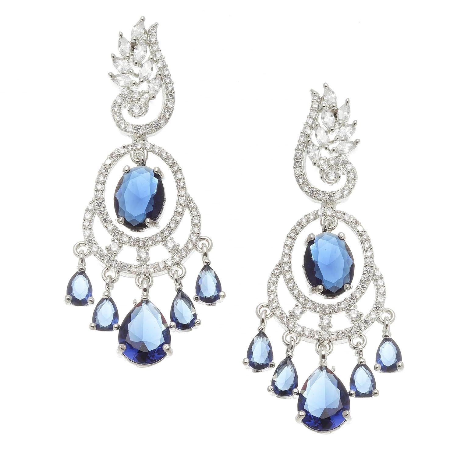 Rhodium-Plated American Diamond Studded Oval & Leaf Shaped Drop Earrings For Girls and Women