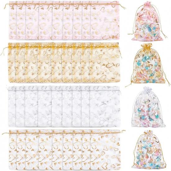 Beebeecraft 80Pcs 4 Colors Organza Bags 5x7 Inch Heart Organza Mesh Gift Drawstring Pouches Pink Gold Silver White for Christmas Candy Wedding Party