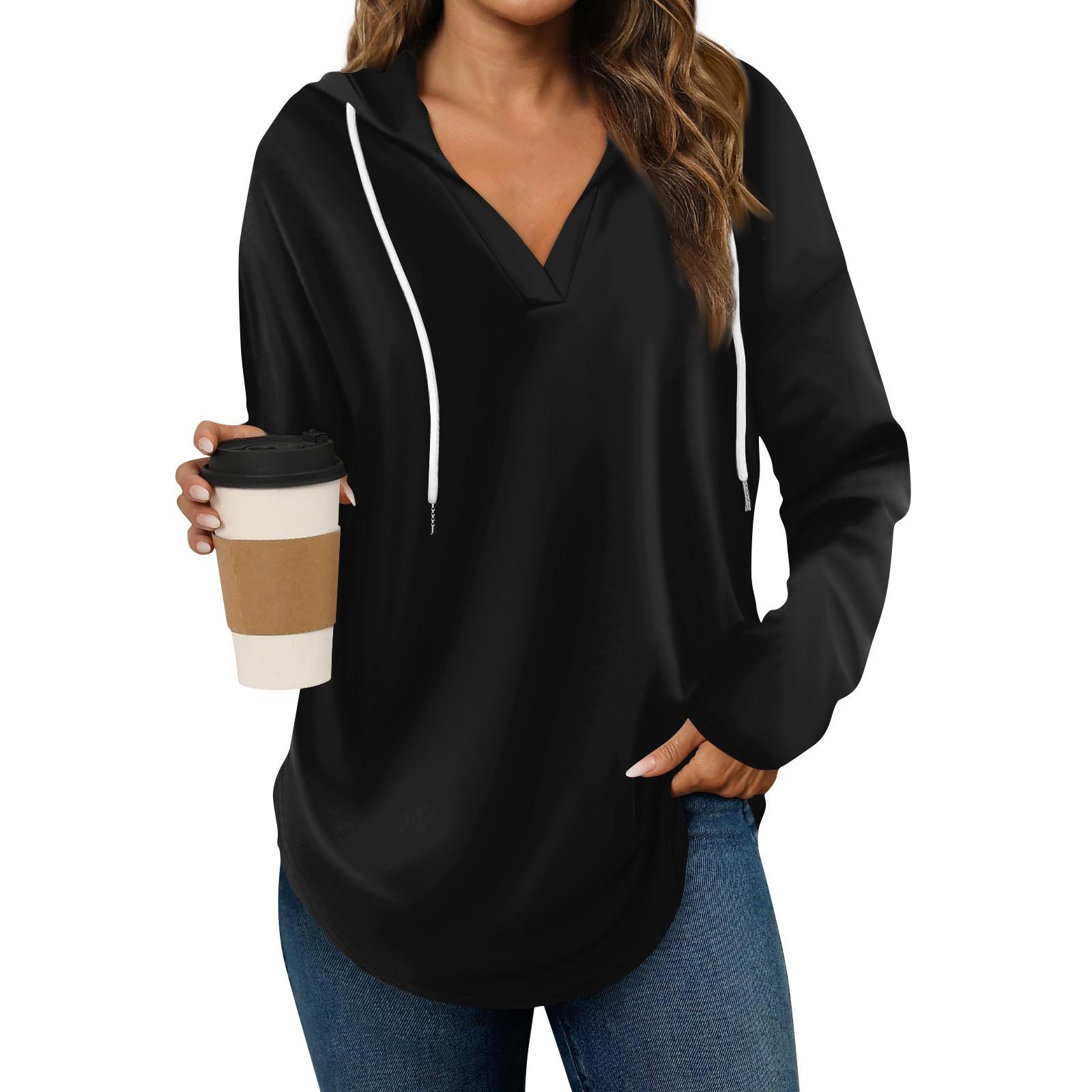 

Женские модные толстовки с капюшоном V-образным вырезом с длинным рукавом, однотонные, на шнурке, повседневные свободные пуловеры L чёрный